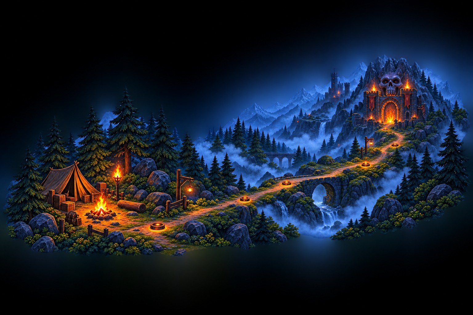 The road from the camp through the dark forest to the skull gate