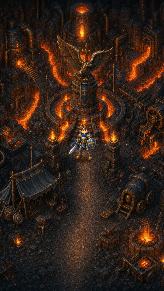 The Foundry camp: a volcanic forge hold with lava channels