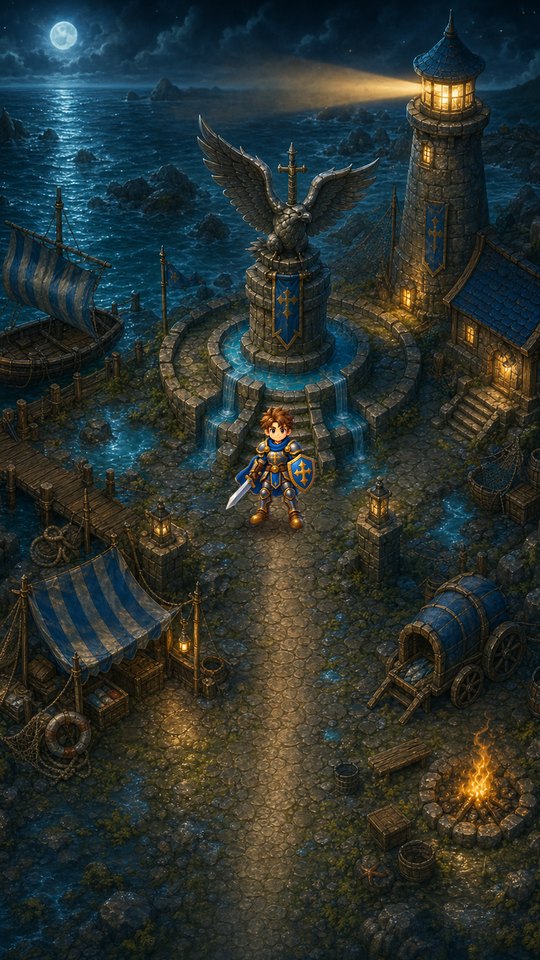 Tidal Reach camp: a moonlit harbour with a lighthouse